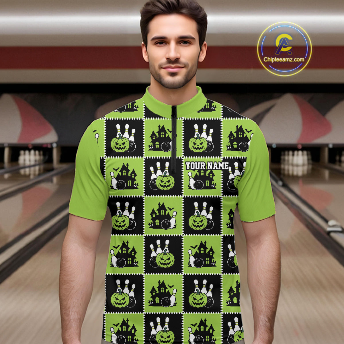 Custom Black And Green Halloween Bowling Patwork Bowling Team Men Quarter Zip Shirt IPHW11936