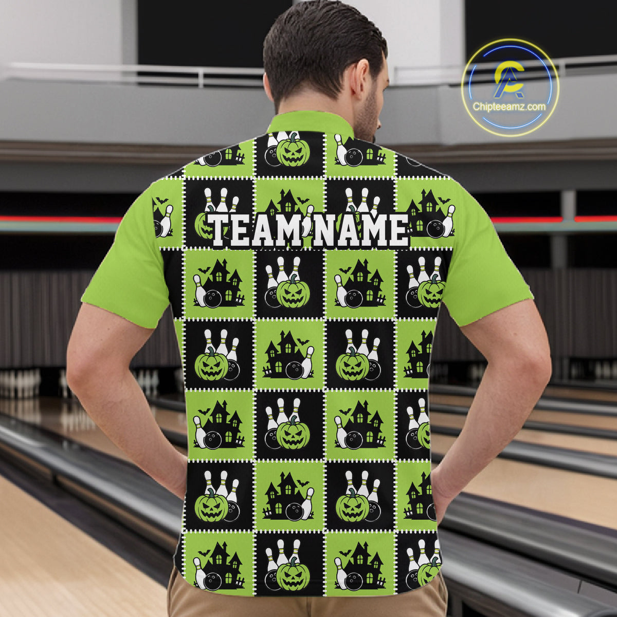 Custom Black And Green Halloween Bowling Patwork Bowling Team Men Quarter Zip Shirt IPHW11936