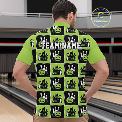 Custom Black And Green Halloween Bowling Patwork Bowling Team Men Quarter Zip Shirt IPHW11936