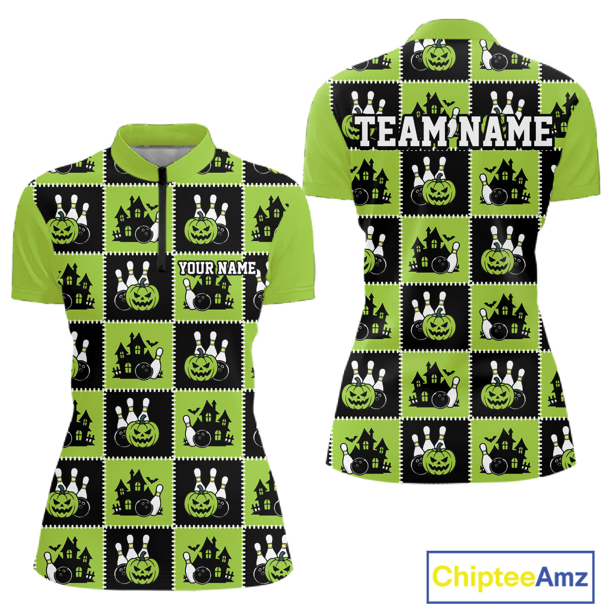 Custom Black And Green Halloween Bowling Patwork Bowling Team Women Quarter-Zip Shirt IPHW11936