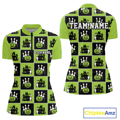 Custom Black And Green Halloween Bowling Patwork Bowling Team Women Quarter-Zip Shirt IPHW11936