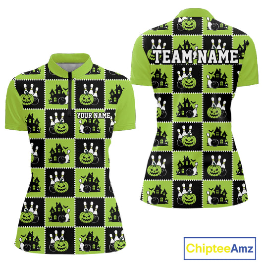 Custom Black And Green Halloween Bowling Patwork Bowling Team Women Quarter-Zip Shirt IPHW11936