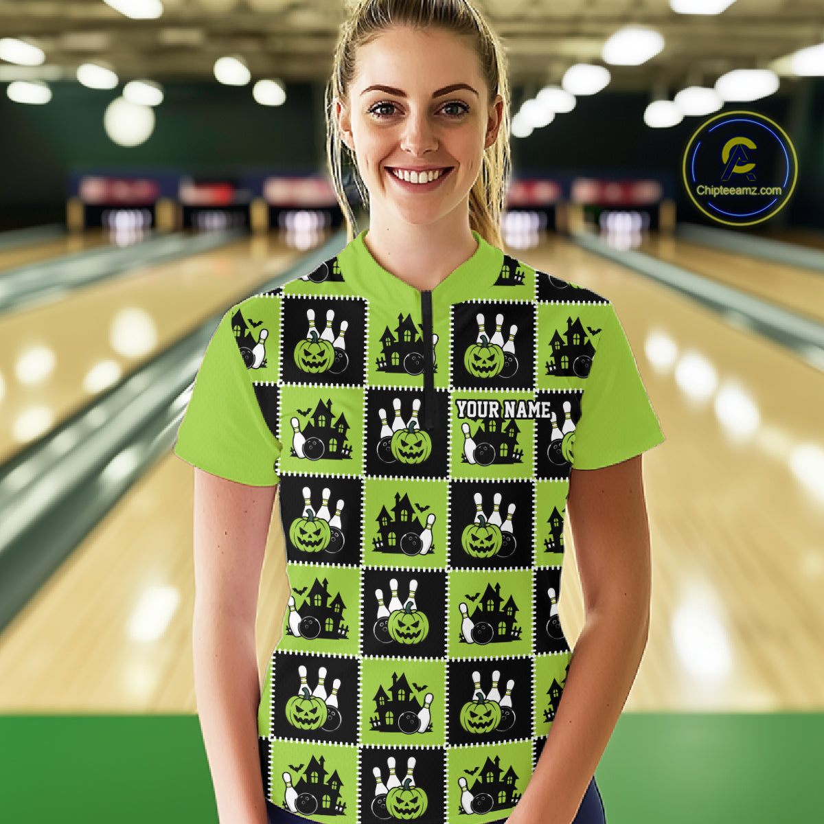 Custom Black And Green Halloween Bowling Patwork Bowling Team Women Quarter-Zip Shirt IPHW11936