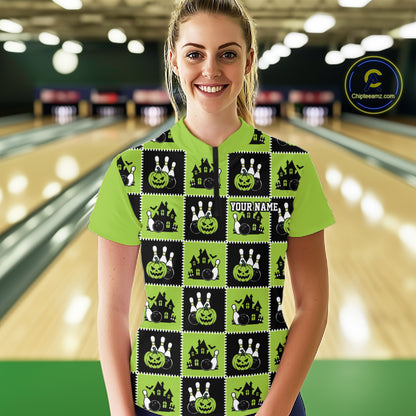 Custom Black And Green Halloween Bowling Patwork Bowling Team Women Quarter-Zip Shirt IPHW11936