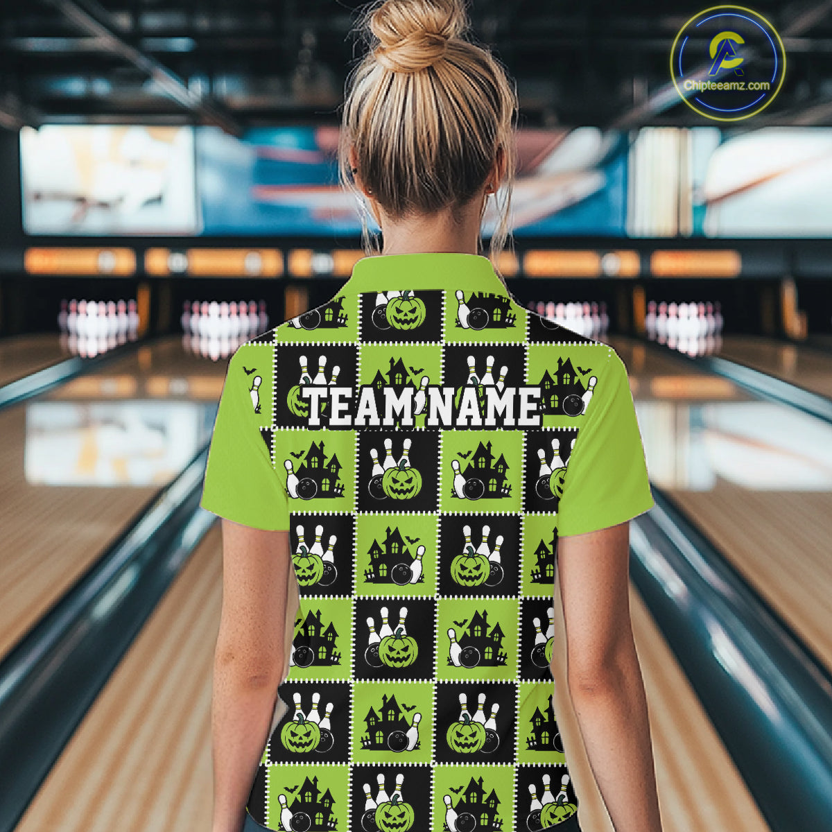 Custom Black And Green Halloween Bowling Patwork Bowling Team Women Quarter-Zip Shirt IPHW11936