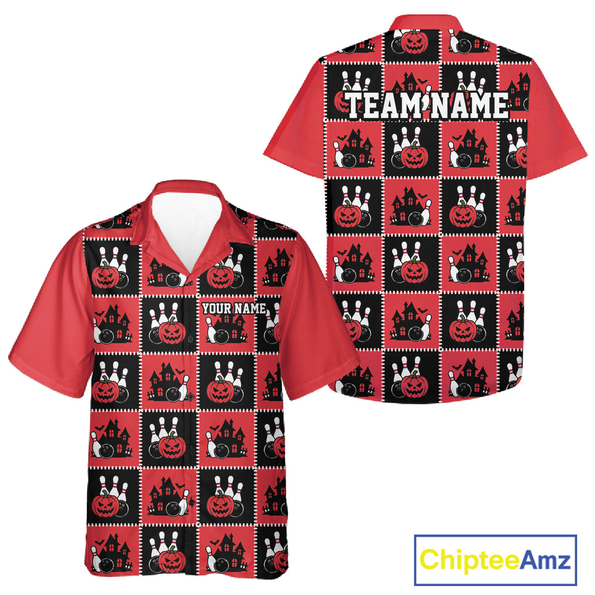 Custom Black And Red Halloween Bowling Patwork Bowling Team Men And Women Button Up Shirt IPHW11937