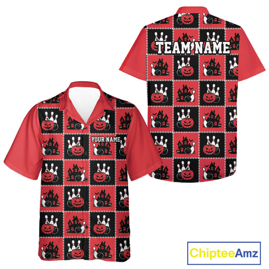Custom Black And Red Halloween Bowling Patwork Bowling Team Men And Women Button Up Shirt IPHW11937