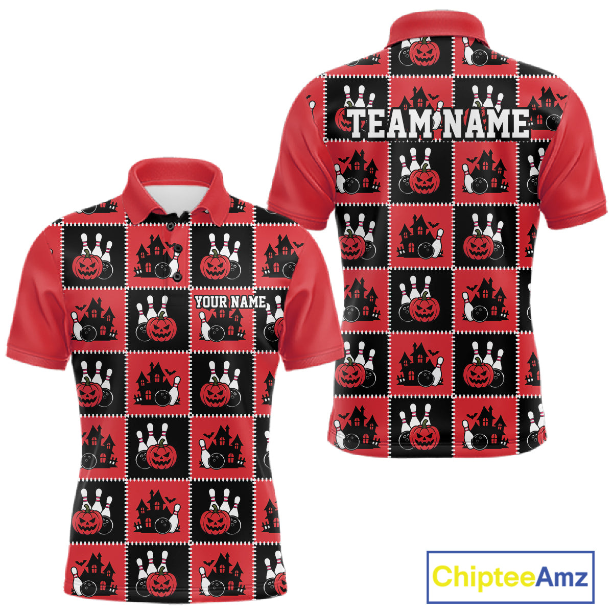 Custom Black And Red Halloween Bowling Patwork Bowling Team Men Polo Shirt IPHW11937