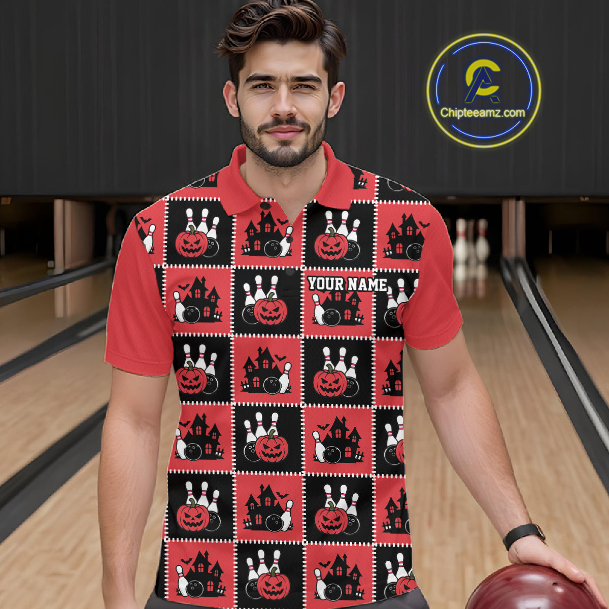 Custom Black And Red Halloween Bowling Patwork Bowling Team Men Polo Shirt IPHW11937