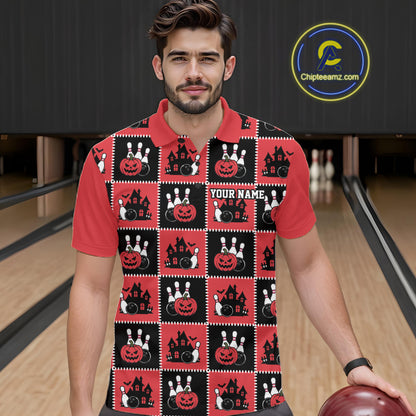Custom Black And Red Halloween Bowling Patwork Bowling Team Men Polo Shirt IPHW11937