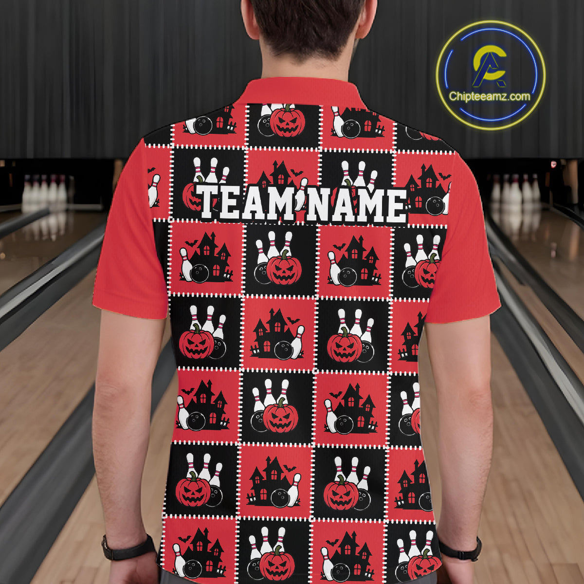 Custom Black And Red Halloween Bowling Patwork Bowling Team Men Polo Shirt IPHW11937