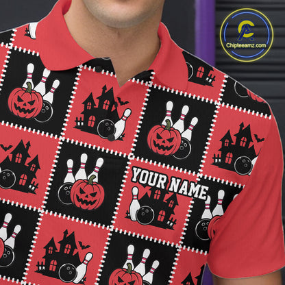 Custom Black And Red Halloween Bowling Patwork Bowling Team Men Polo Shirt IPHW11937