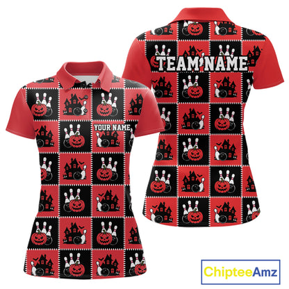 Custom Black And Red Halloween Bowling Patwork Bowling Team Women Polo Shirt IPHW11937