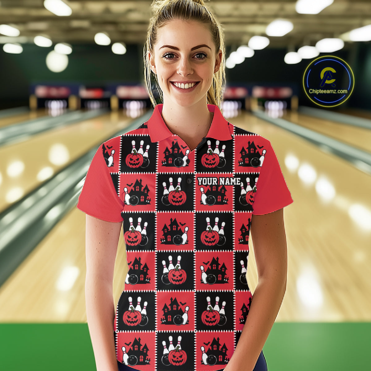 Custom Black And Red Halloween Bowling Patwork Bowling Team Women Polo Shirt IPHW11937