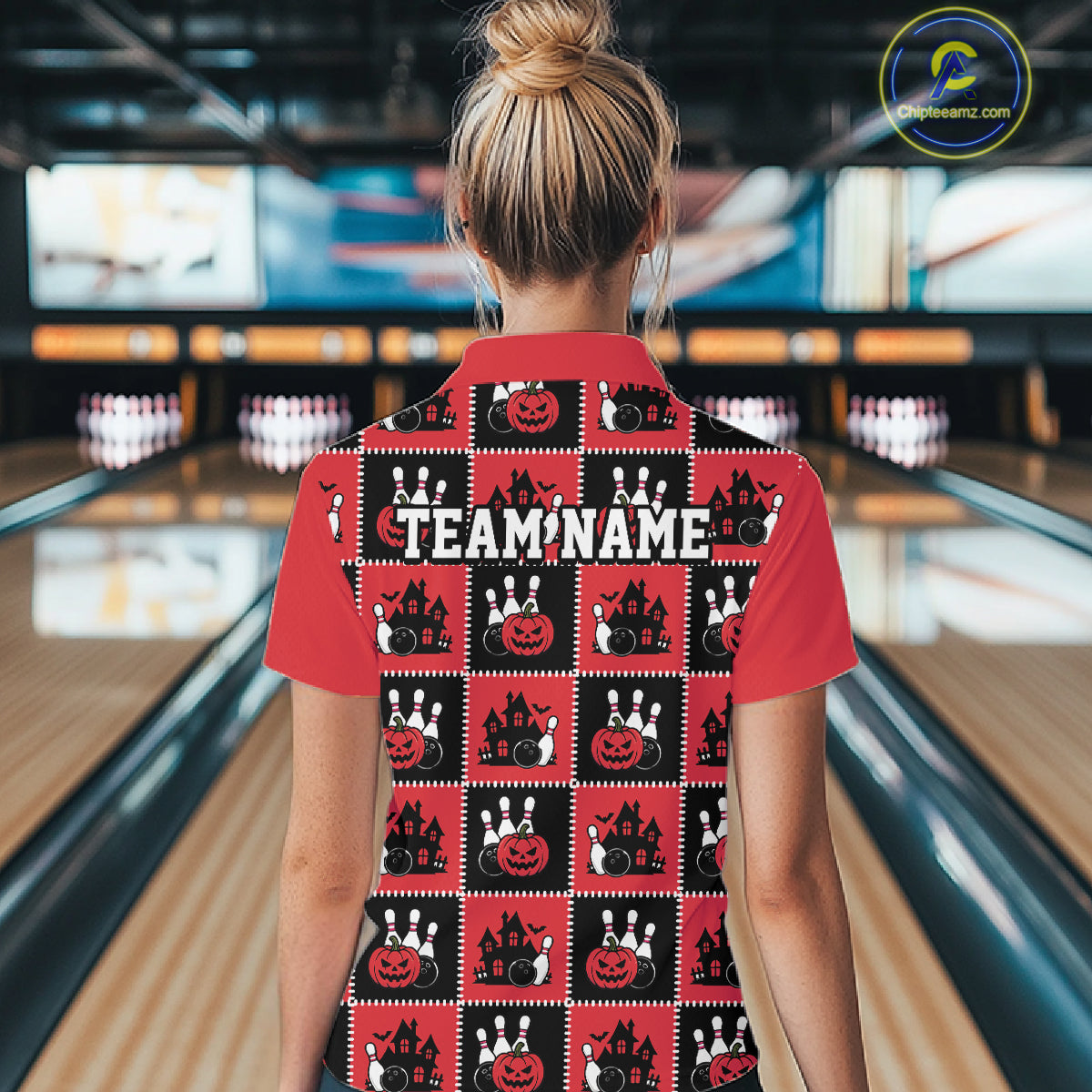 Custom Black And Red Halloween Bowling Patwork Bowling Team Women Polo Shirt IPHW11937