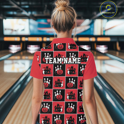 Custom Black And Red Halloween Bowling Patwork Bowling Team Women Polo Shirt IPHW11937
