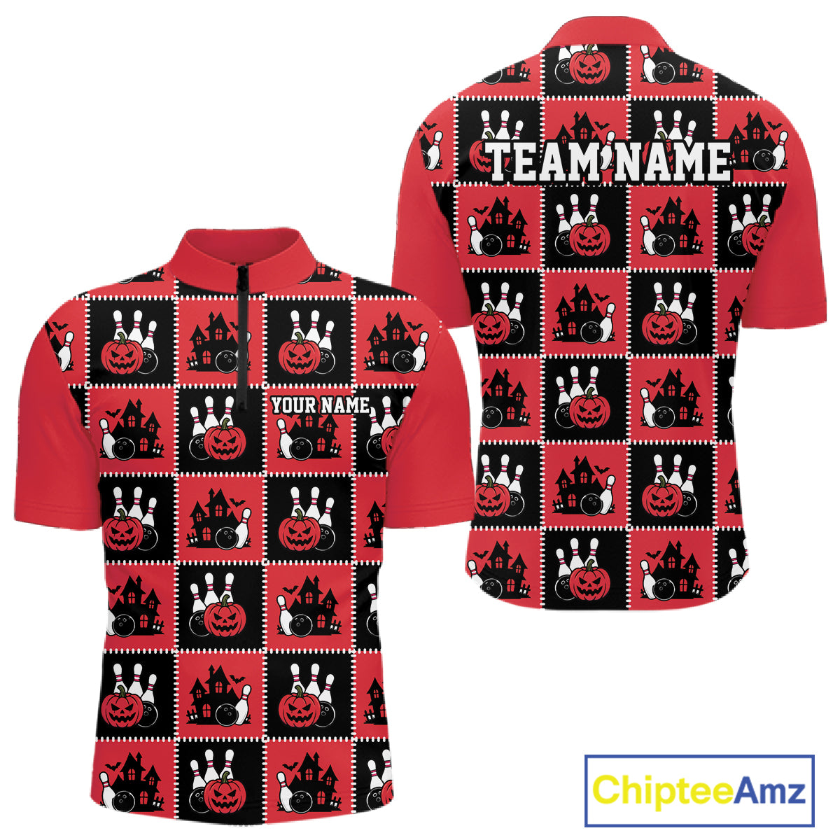 Custom Black And Red Halloween Bowling Patwork Bowling Team Men Quarter Zip Shirt IPHW11937