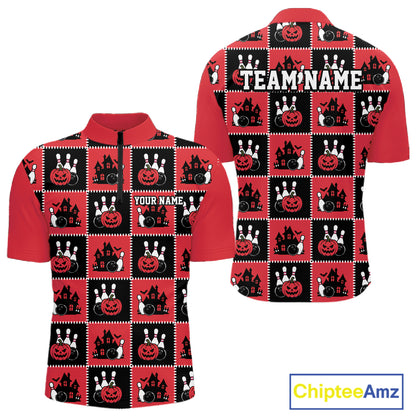 Custom Black And Red Halloween Bowling Patwork Bowling Team Men Quarter Zip Shirt IPHW11937