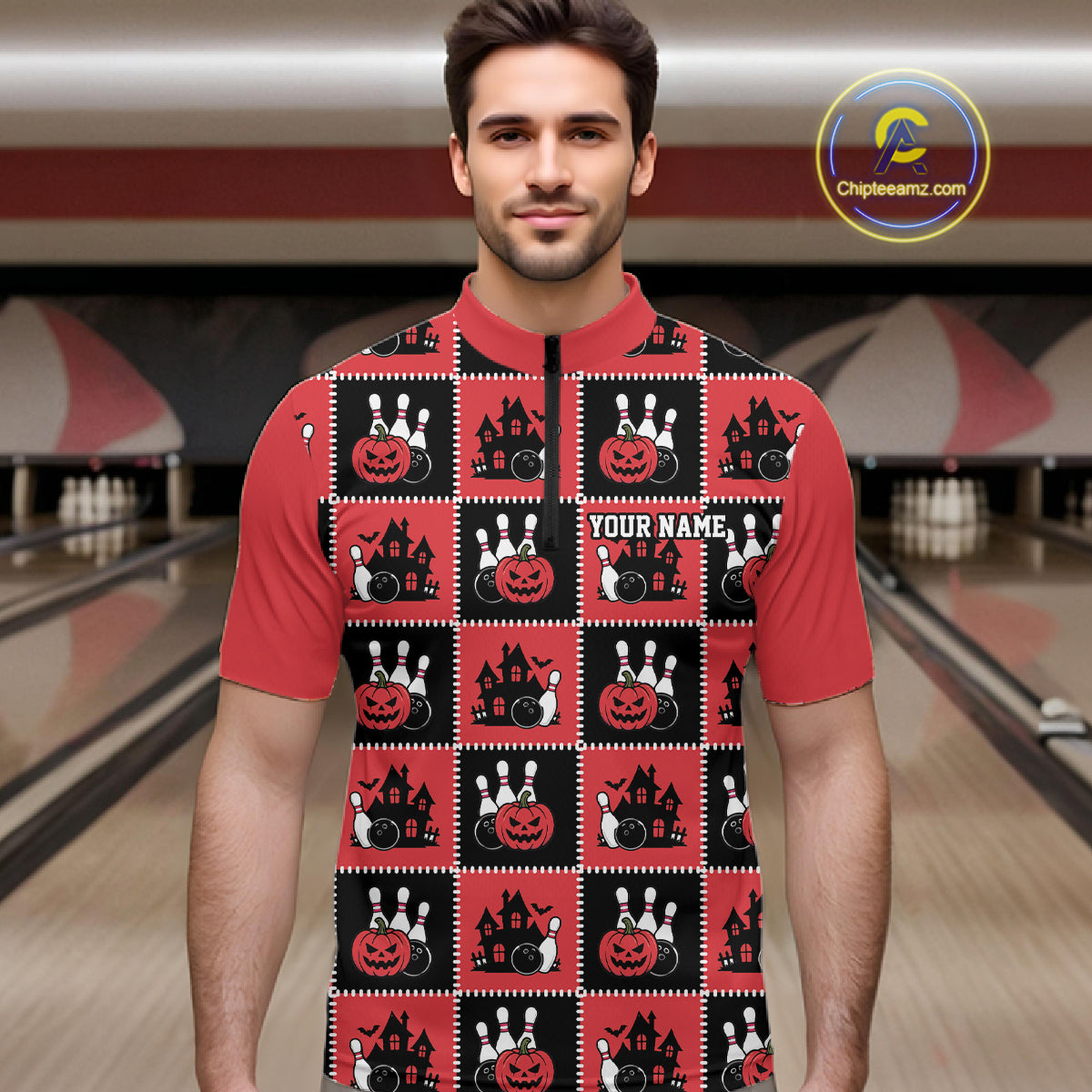 Custom Black And Red Halloween Bowling Patwork Bowling Team Men Quarter Zip Shirt IPHW11937