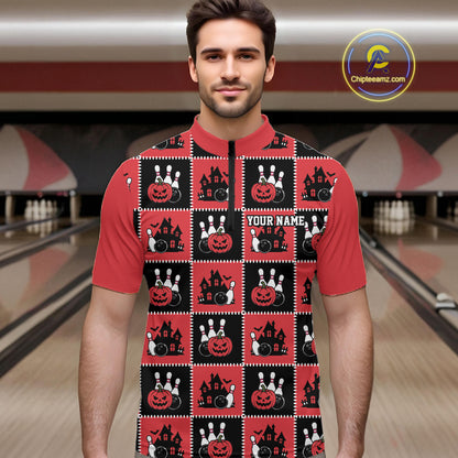 Custom Black And Red Halloween Bowling Patwork Bowling Team Men Quarter Zip Shirt IPHW11937