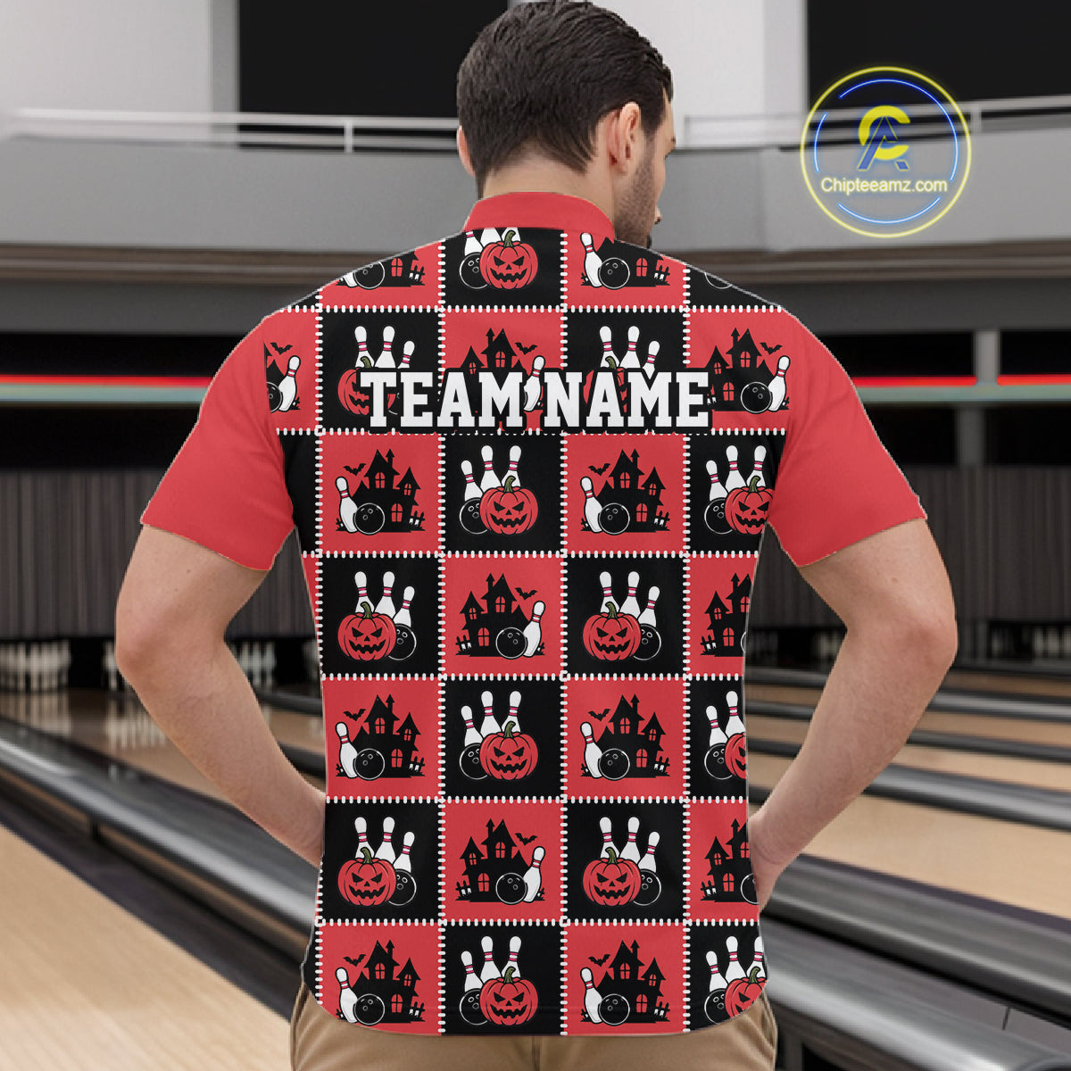 Custom Black And Red Halloween Bowling Patwork Bowling Team Men Quarter Zip Shirt IPHW11937