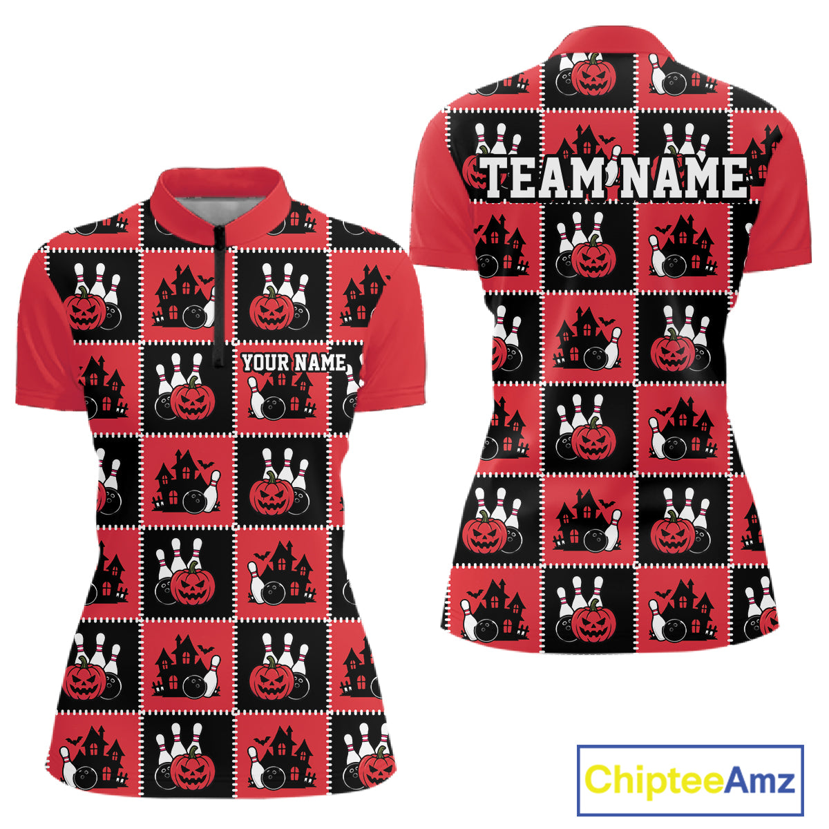 Custom Black And Red Halloween Bowling Patwork Bowling Team Women Quarter-Zip Shirt IPHW11937