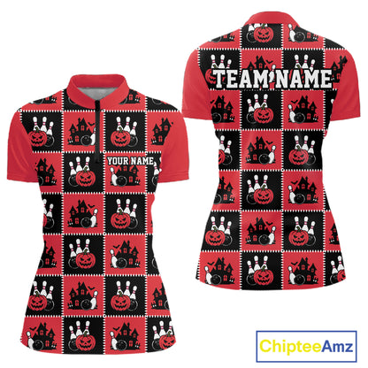 Custom Black And Red Halloween Bowling Patwork Bowling Team Women Quarter-Zip Shirt IPHW11937