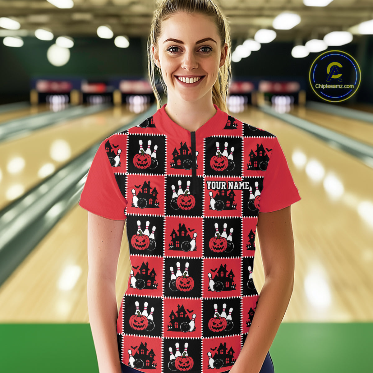 Custom Black And Red Halloween Bowling Patwork Bowling Team Women Quarter-Zip Shirt IPHW11937