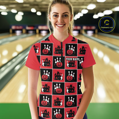 Custom Black And Red Halloween Bowling Patwork Bowling Team Women Quarter-Zip Shirt IPHW11937