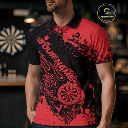 Custom Black And Red Splatter Flame Dart Skull Men Polo Shirt, Grunge Halloween Jerseys IPHW10049