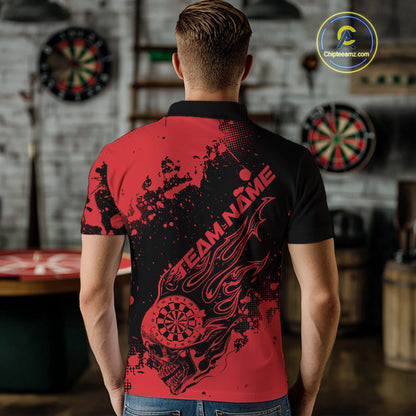 Custom Black And Red Splatter Flame Dart Skull Men Polo Shirt, Grunge Halloween Jerseys IPHW10049