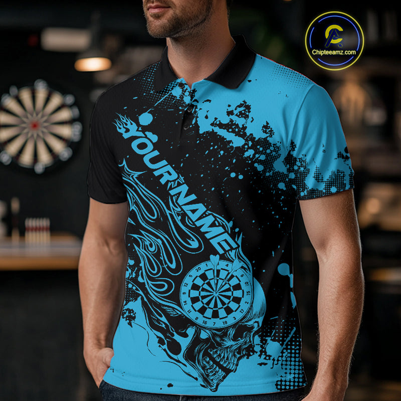 Custom Black And Blue Splatter Flame Dart Skull Men Polo Shirt, Grunge Halloween Jerseys IPHW10050