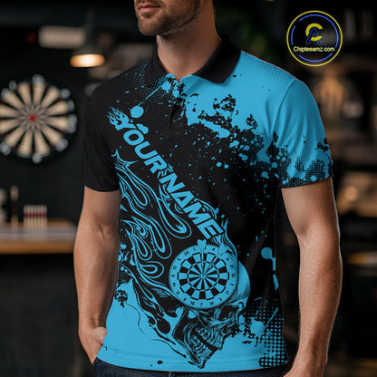 Custom Black And Blue Splatter Flame Dart Skull Men Polo Shirt, Grunge Halloween Jerseys IPHW10050