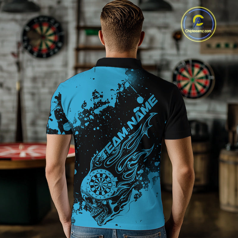 Custom Black And Blue Splatter Flame Dart Skull Men Polo Shirt, Grunge Halloween Jerseys IPHW10050