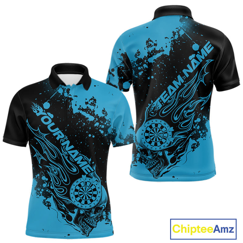 Custom Black And Blue Splatter Flame Dart Skull Men Polo Shirt, Grunge Halloween Jerseys IPHW10050