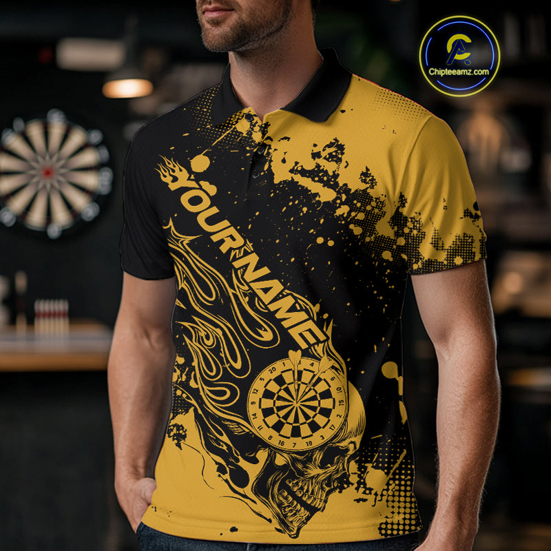 Custom Black And Yellow Splatter Flame Dart Skull Men Polo Shirt, Grunge Halloween Jerseys IPHW10051