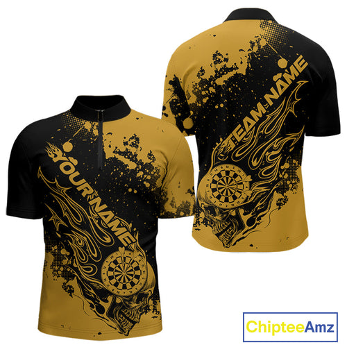 Custom Black And Yellow Splatter Flame Dart Skull Men Quarter-Zip Shirt, Grunge Halloween Jersey IPHW10051