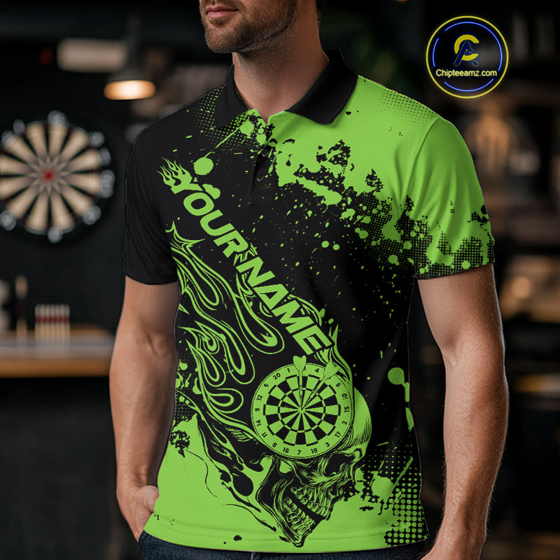 Custom Black And Green Splatter Flame Dart Skull Men Polo Shirt, Grunge Halloween Jerseys IPHW10052