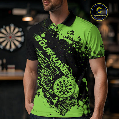 Custom Black And Green Splatter Flame Dart Skull Men Polo Shirt, Grunge Halloween Jerseys IPHW10052