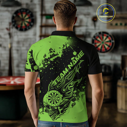 Custom Black And Green Splatter Flame Dart Skull Men Polo Shirt, Grunge Halloween Jerseys IPHW10052