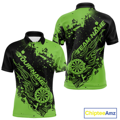 Custom Black And Green Splatter Flame Dart Skull Men Polo Shirt, Grunge Halloween Jerseys IPHW10052