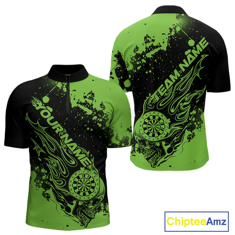 Custom Black And Green Splatter Flame Dart Skull Men Quarter-Zip Shirt, Grunge Halloween Jerseys IPHW10052