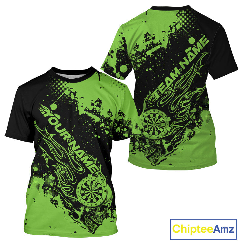 Custom Black And Green Splatter Flame Dart Skull Men T-Shirts, Grunge Halloween Jerseys IPHW10052
