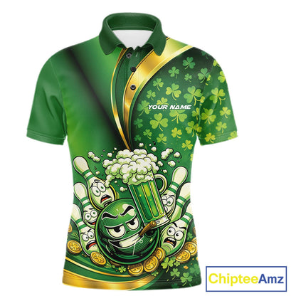 Custom Funny St Patricks Party Beer Bowling Team Shirts, Green Shamrock And Gold Coin Bowling Jerseys IPHW10523