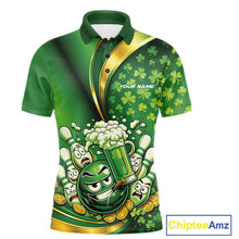 Load image into Gallery viewer, Custom Funny St Patricks Party Beer Bowling Team Shirts, Green Shamrock And Gold Coin Bowling Jerseys IPHW10523