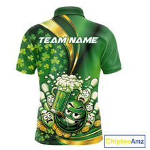 Load image into Gallery viewer, Custom Funny St Patricks Party Beer Bowling Team Shirts, Green Shamrock And Gold Coin Bowling Jerseys IPHW10523
