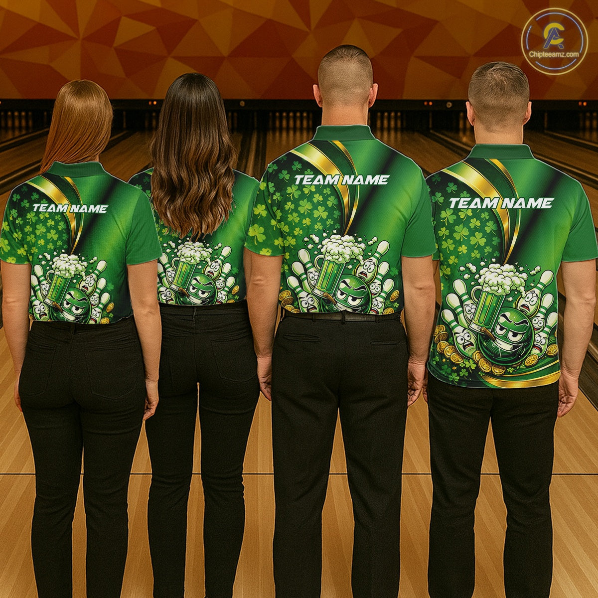 Custom Funny St Patricks Party Beer Bowling Team Shirts, Green Shamrock And Gold Coin Bowling Jerseys IPHW10523