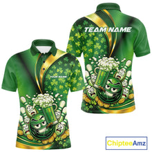 Load image into Gallery viewer, Custom Funny St Patricks Party Beer Bowling Team Shirts, Green Shamrock And Gold Coin Bowling Jerseys IPHW10523