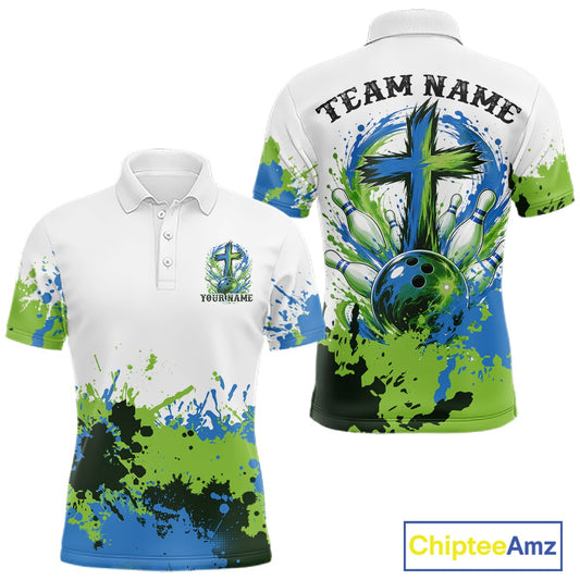 Vibrant blue and green abstract splatter bowling team shirt featuring a faith cross design for league bowlers