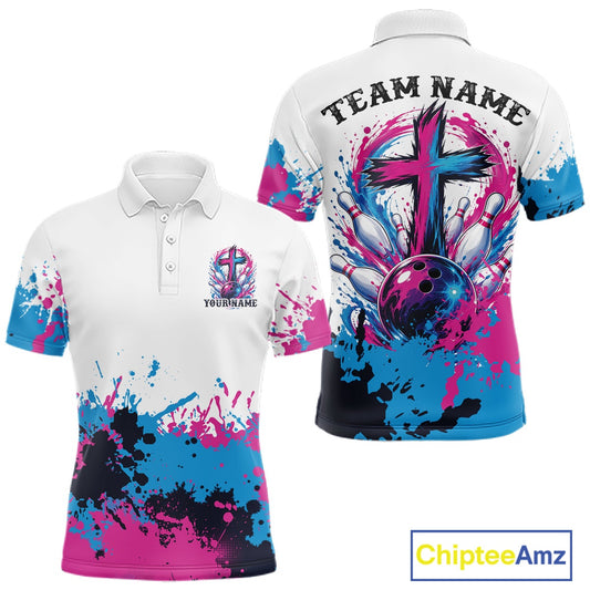 Vibrant pink and blue abstract splatter bowling team shirt featuring a faith cross design for league bowlers